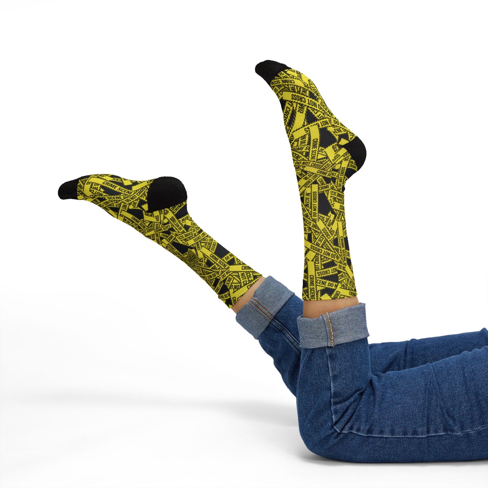 True Crime Scene Tape Pattern Socks - Black & Yellow Novelty Crew Socks - Image 6