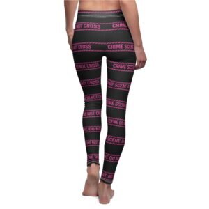 Women's Printed Leggings - Black All-Over with Pink 'Crime Scene' Tape Design - 'Do Not Cross'
