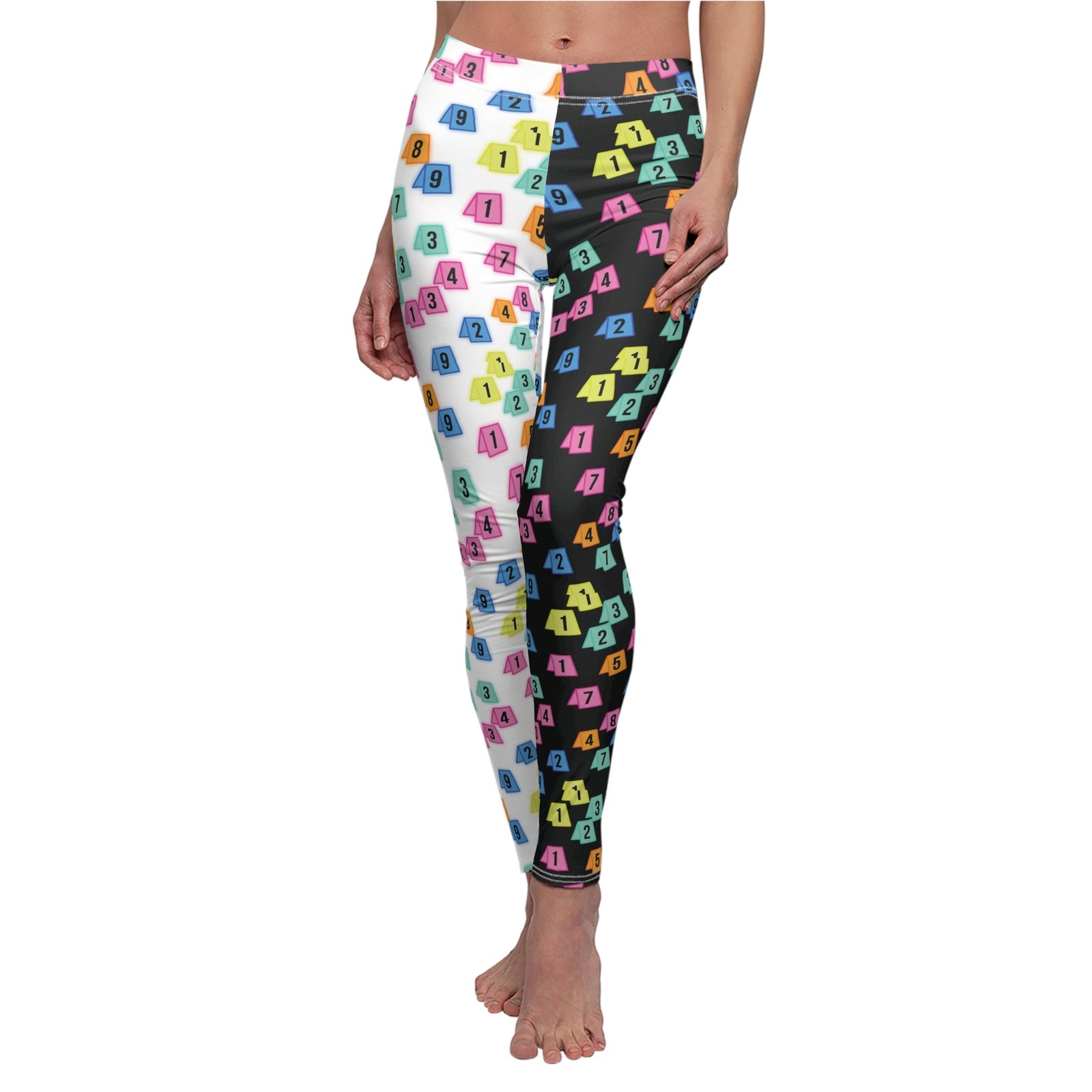 Women's Printed Leggings - Black and White with Evidence Marker Pattern - True Crime - Image 3