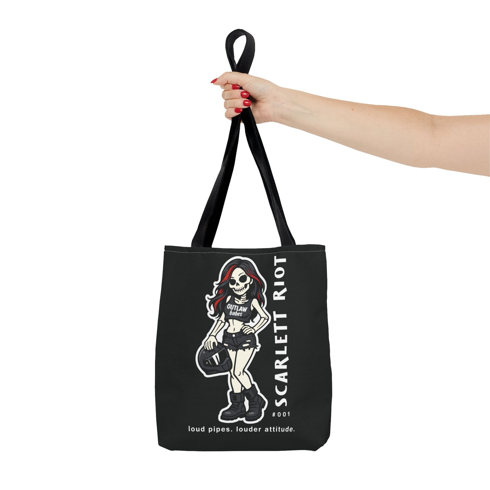 Tote Bag - Scarlett Riot #001 - 'loud pipes.louder attitude' - Skeleton Doll Wearing a Ball Cap - Collectible - Image 5