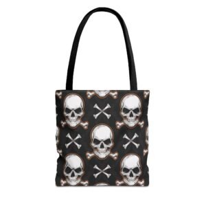 Tote Bag - Biker Life - Skull and Crossbones Pattern - White Orange Black