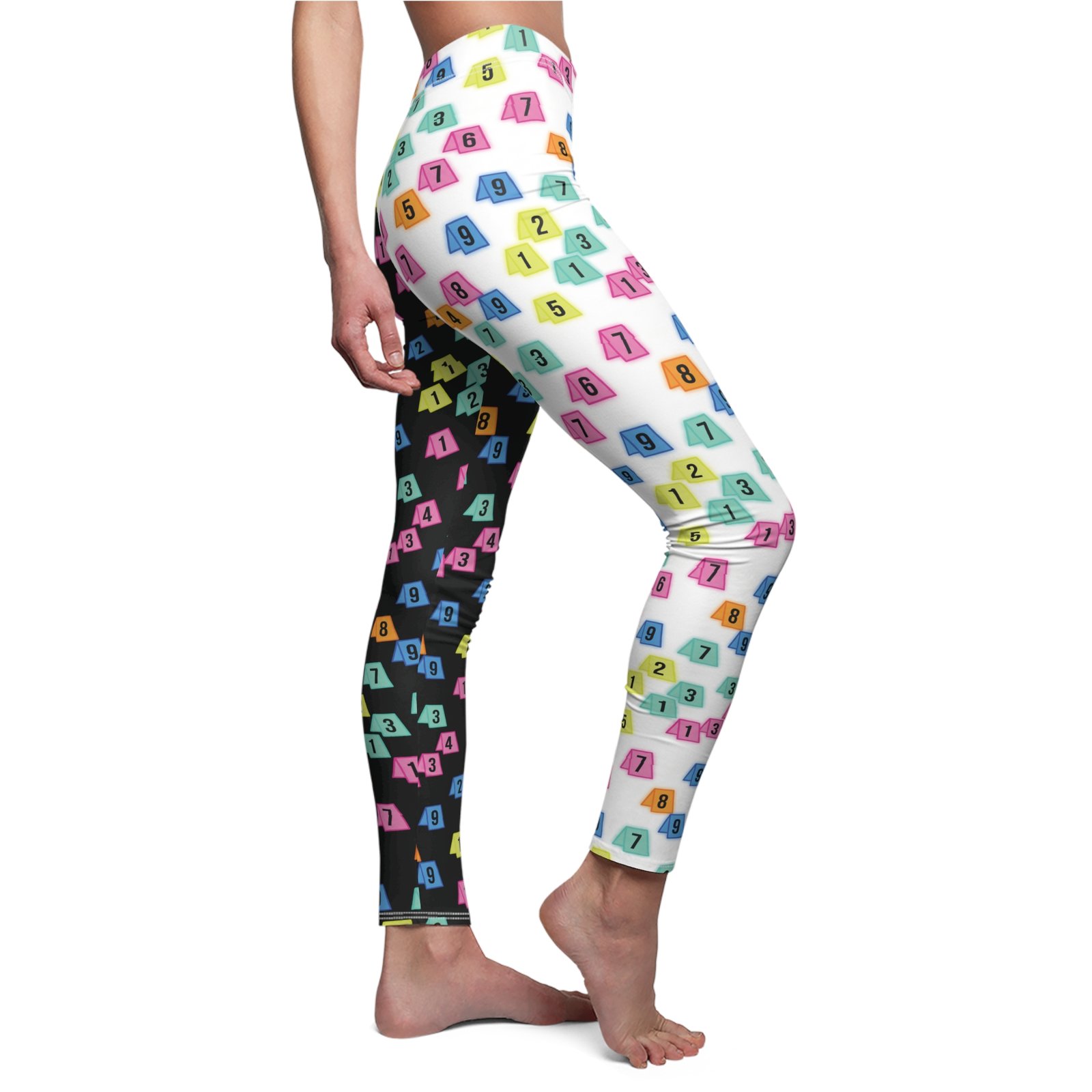 Women's Printed Leggings - Black and White with Evidence Marker Pattern - True Crime - Image 2