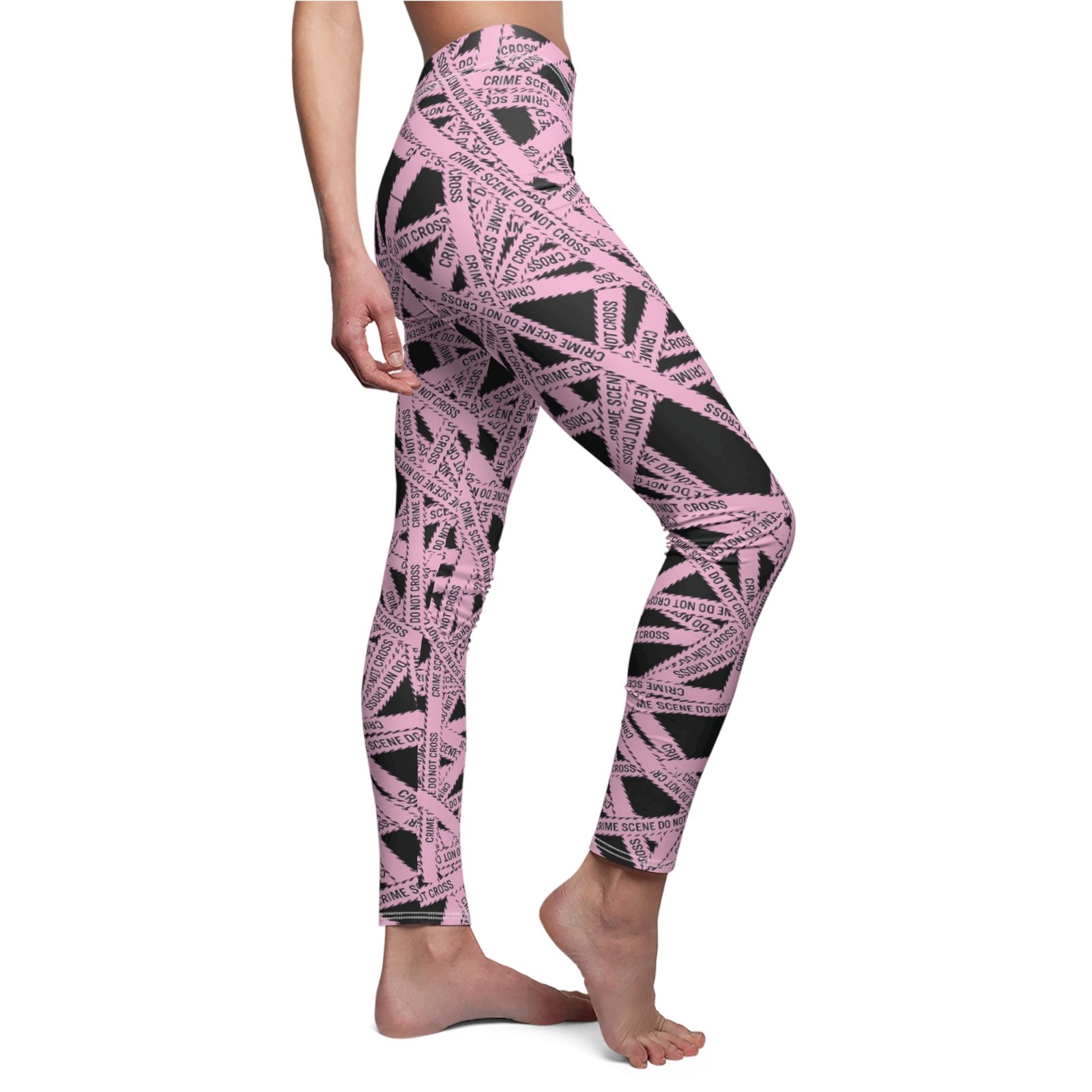 Women's Printed Leggings - Black All-Over with Light Pink True 'Crime Scene' Tape Pattern - 'Do Not Cross' - Image 2
