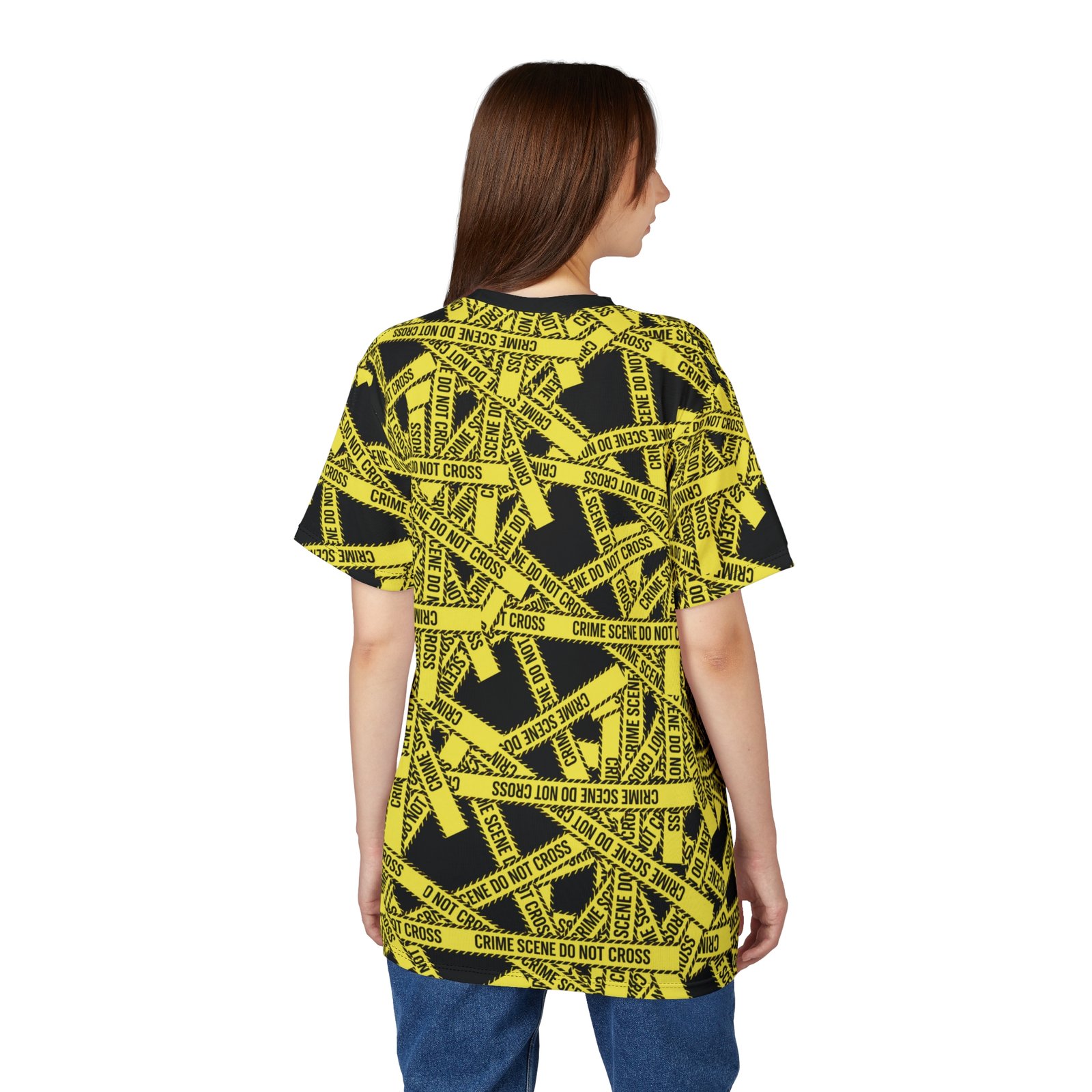 True 'Crime Scene' Tape Pattern Tee - Yellow and Black 'Do Not Cross' All-Over Print T-Shirt - Image 4