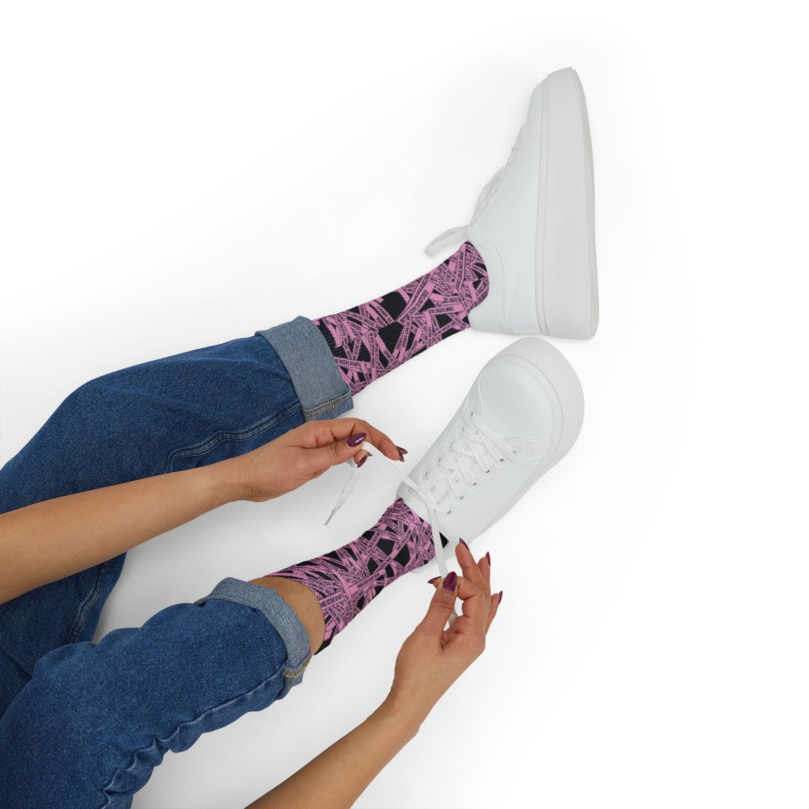 True Crime Scene Tape Pattern Socks - Black & Light Pink Novelty Crew Socks - Image 6