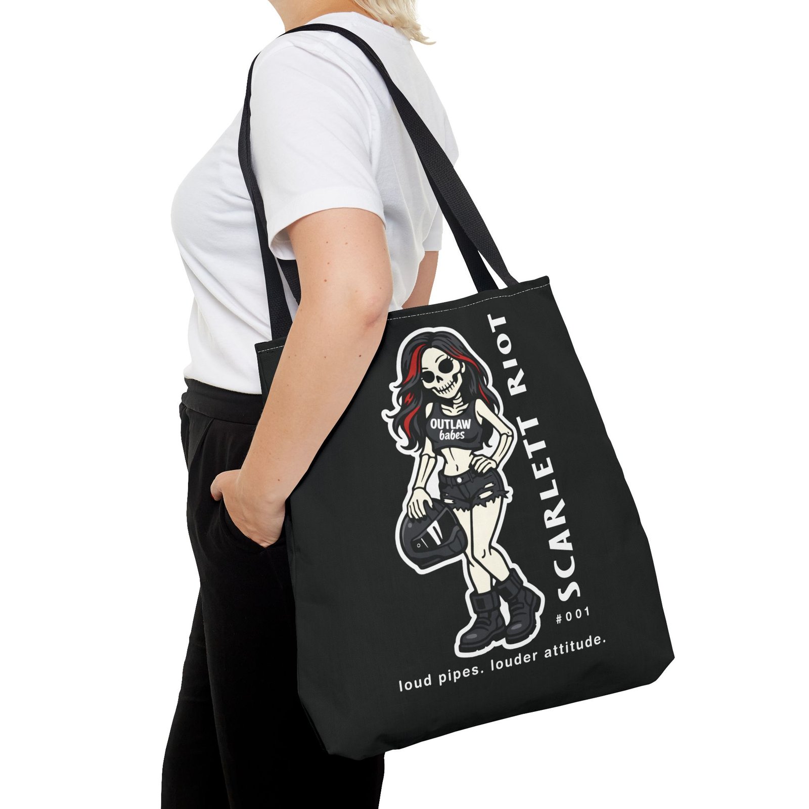 Tote Bag - Scarlett Riot #001 - 'loud pipes.louder attitude' - Skeleton Doll Wearing a Ball Cap - Collectible - Image 7