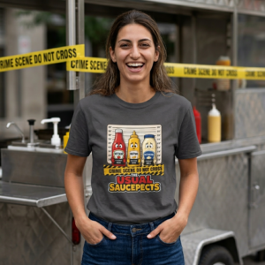 True Crime Scene Pun T-Shirt – The Usual Saucepects – Condiments – Choice of Colors – Outlaw Babes