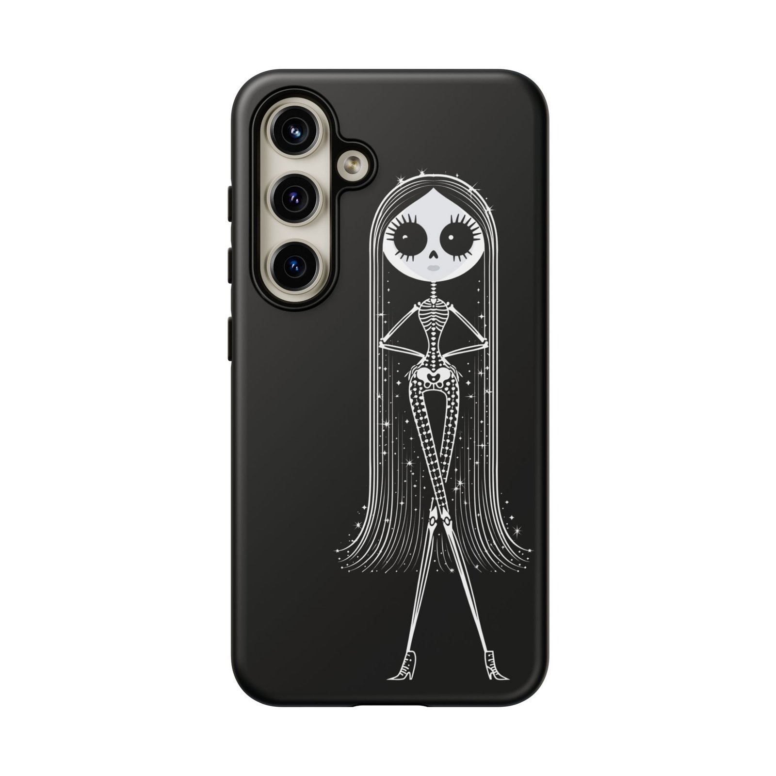 Cute Gothic Skeleton Girl Swing Phone Case – White on Black - Protective Phone Cover - Samsung Galaxy S24 S25 - Image 3