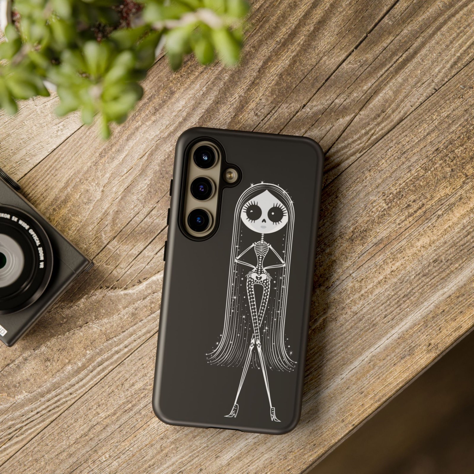 Cute Gothic Skeleton Girl Swing Phone Case – White on Black - Protective Phone Cover - Samsung Galaxy S24 S25 - Image 4