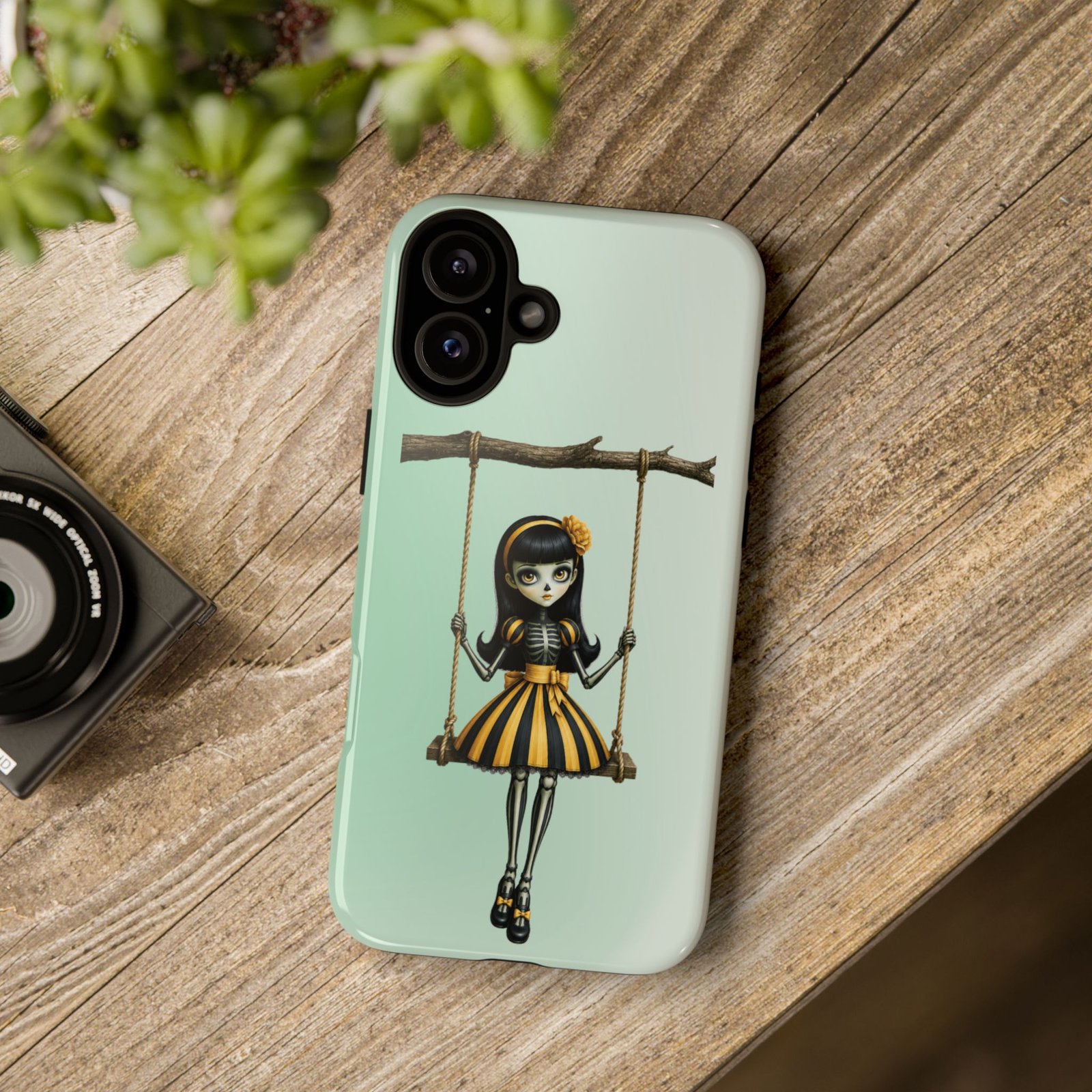 Cute Gothic Skeleton Girl Swing Phone Case – Mint Green Protective Phone Cover - iPhone 16 17 - Image 6