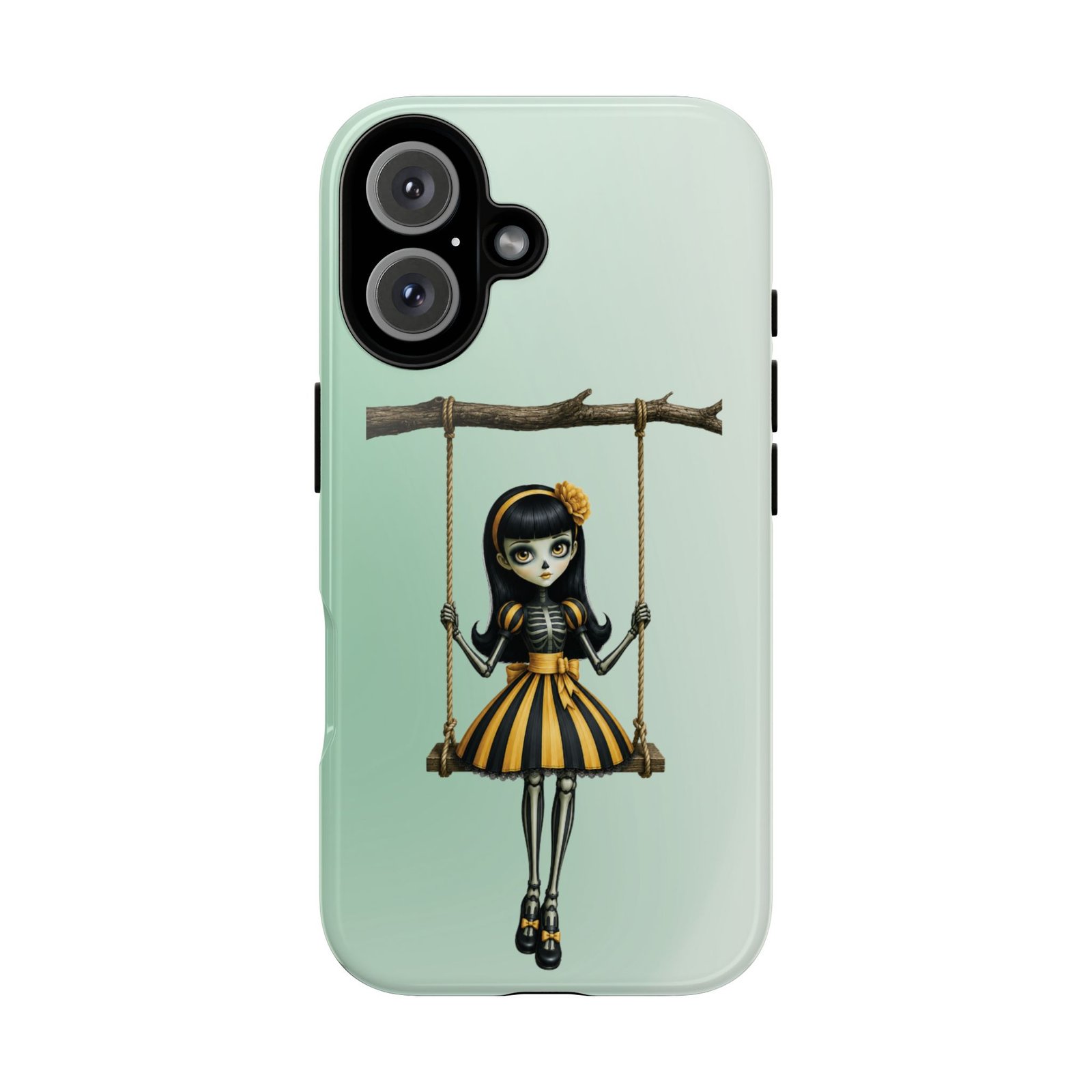 Cute Gothic Skeleton Girl Swing Phone Case – Mint Green Protective Phone Cover - iPhone 16 17