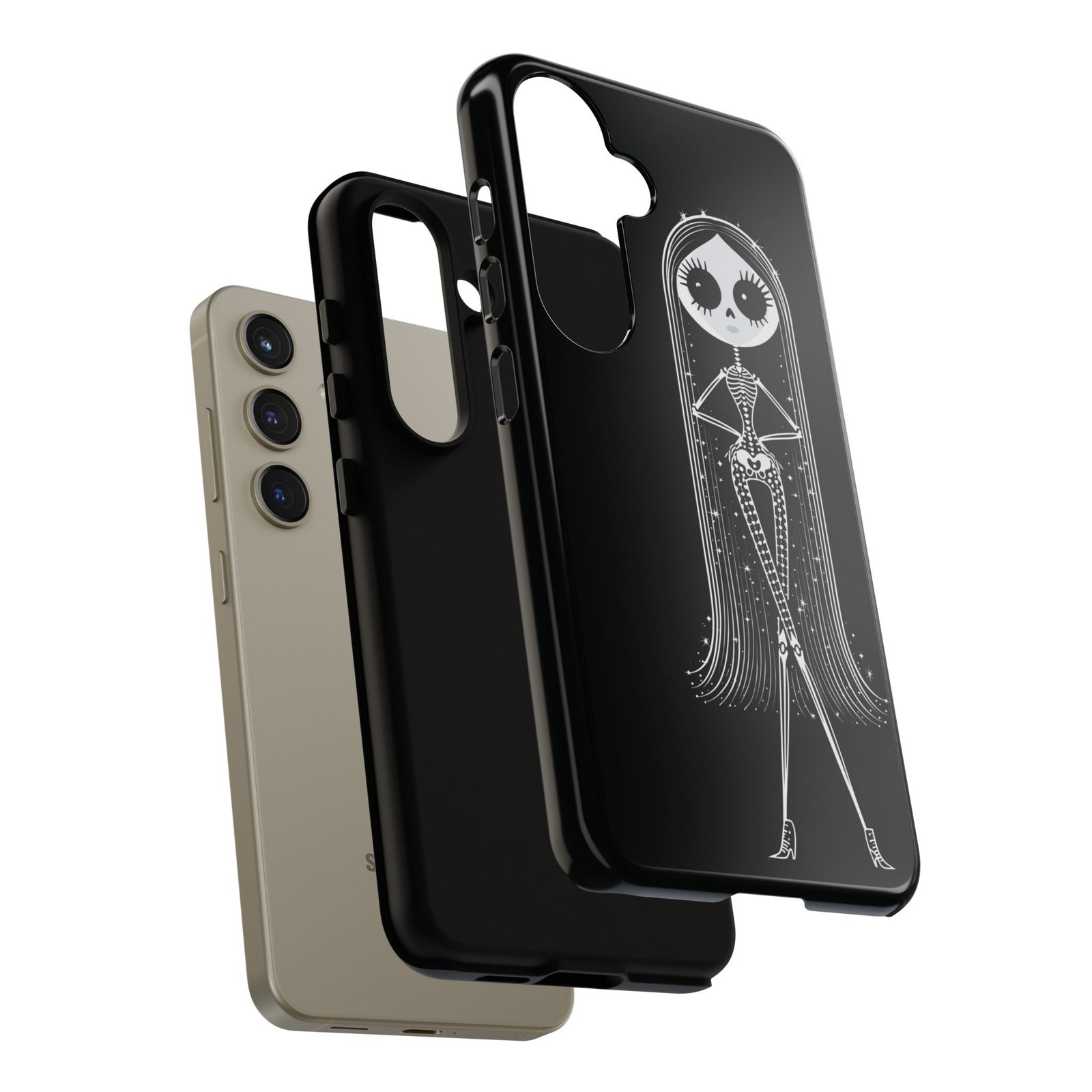 Cute Gothic Skeleton Girl Swing Phone Case – White on Black - Protective Phone Cover - Samsung Galaxy S24 S25 - Image 2