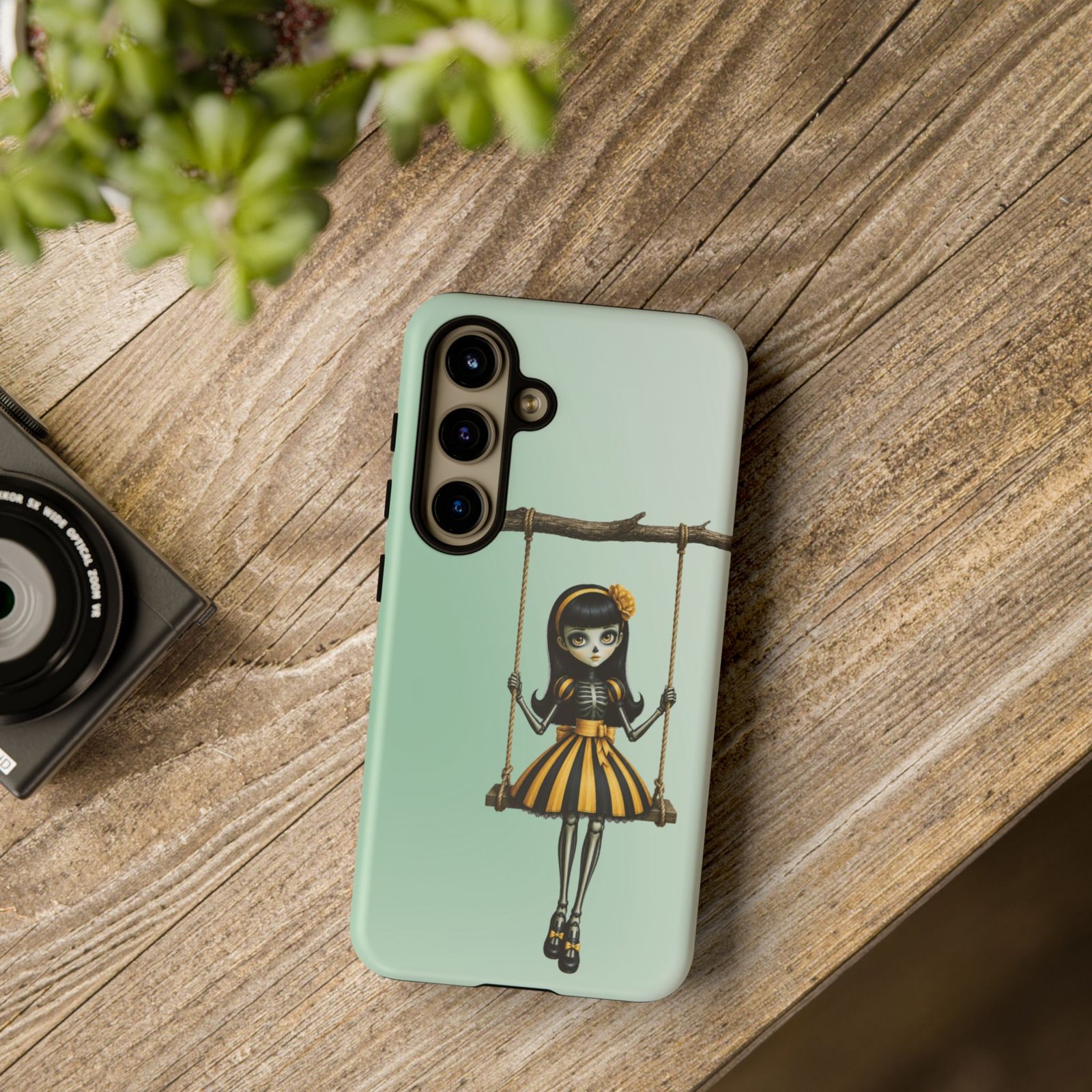 Cute Gothic Skeleton Girl Swing Phone Case – Mint Green Protective Phone Cover - Samsung Galaxy S24 S25 - Image 4