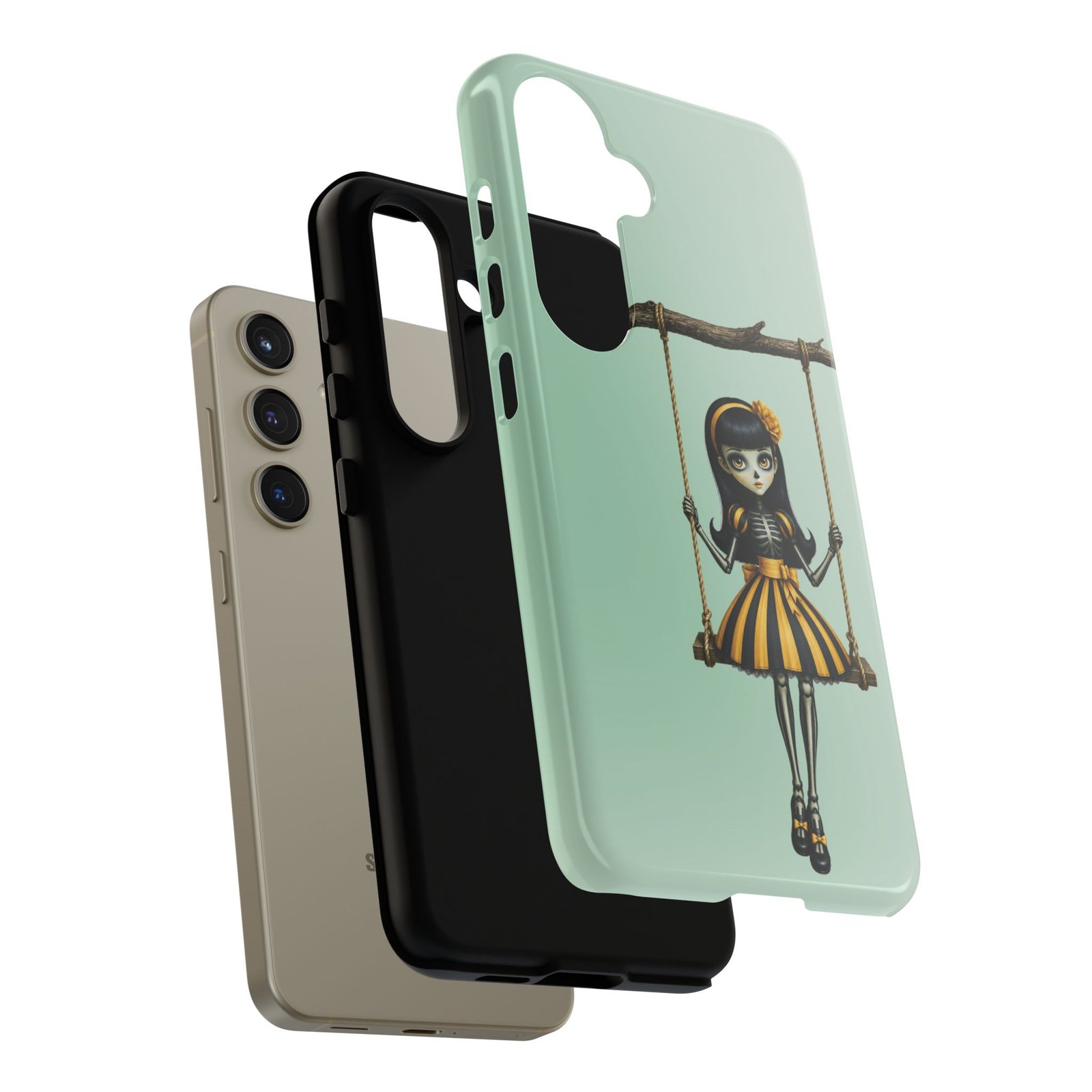 Cute Gothic Skeleton Girl Swing Phone Case – Mint Green Protective Phone Cover - Samsung Galaxy S24 S25 - Image 2