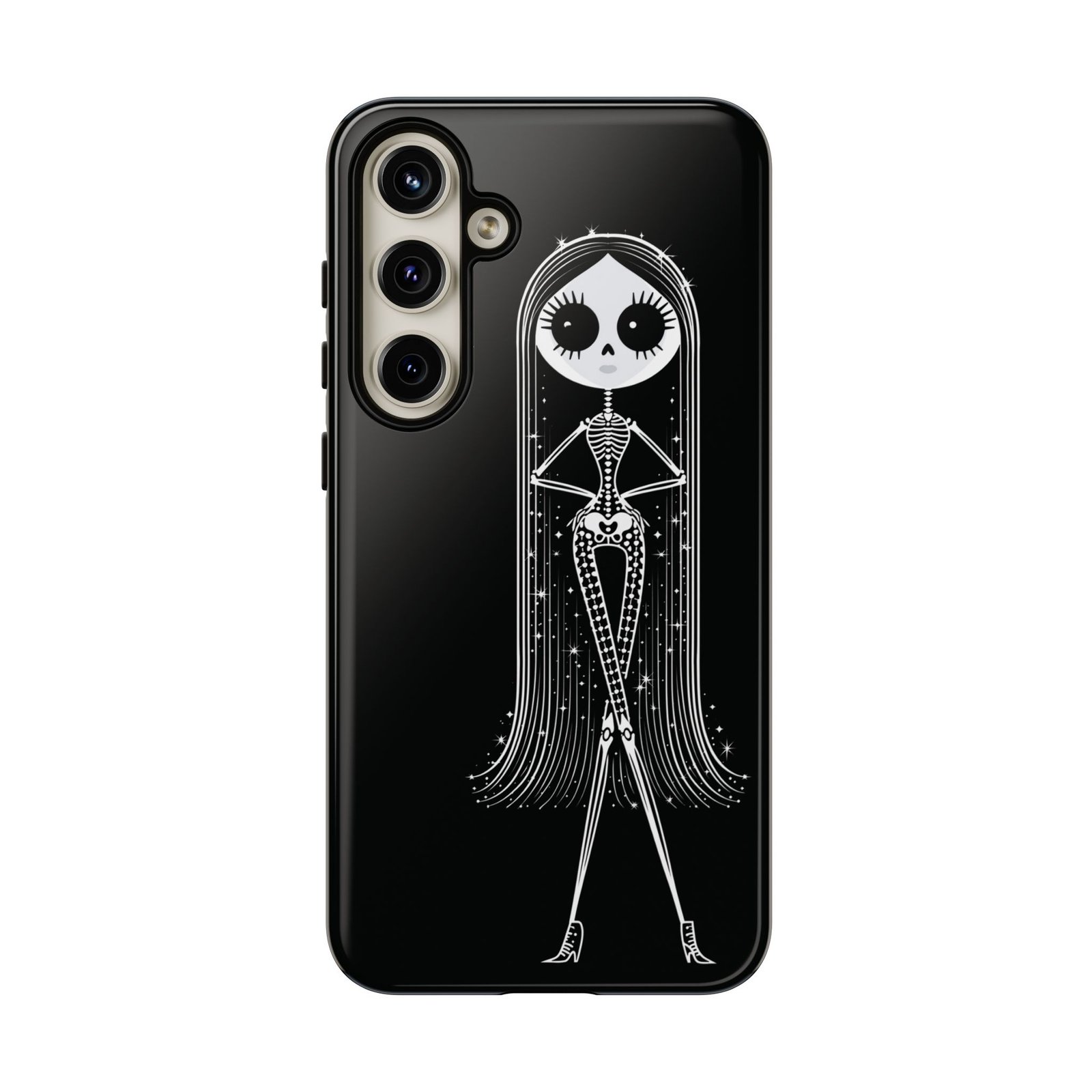 Cute Gothic Skeleton Girl Swing Phone Case – White on Black - Protective Phone Cover - Samsung Galaxy S24 S25 - Image 5