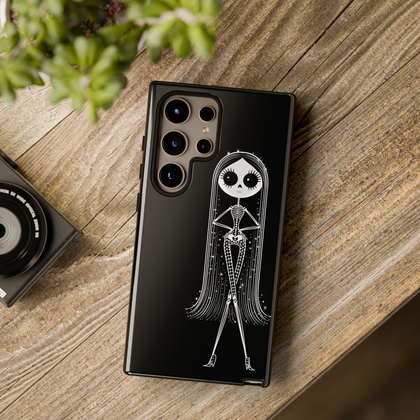 Cute Gothic Skeleton Girl Swing Phone Case – White on Black - Protective Phone Cover - Samsung Galaxy S24 S25 - Image 10